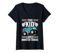 Donna Kid's Loves Monsters Trucks This Kid Birthday Party Monsters Maglietta con Collo a V
