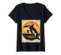 Donna Killer Whale Nero Maglietta con Collo a V