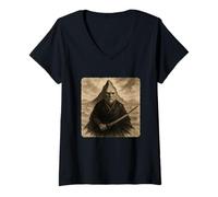 Donna Kimono Katana da Samurai da Montagna Zen Sumi-E Vintage Maglietta con Collo a V