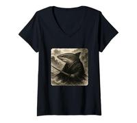 Donna Kimono Katana Shark Samurai Warrior Zen Sumi-E Vintage Maglietta con Collo a V