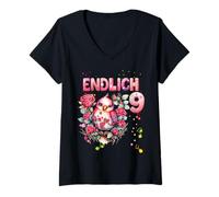 Donna Kinder ICH bin 9 Compleanno Uccello 9 Anni Ragazze Maglietta con Collo a V