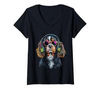 Donna King Charles Spaniel Cane Musica King Charles Spaniel Maglietta con Collo a V