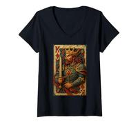 Donna King of Diamonds Warrior Medieval Fantasy Card Lucky Poker Maglietta con Collo a V
