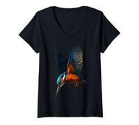 Donna Kingfisher Dive Blue Orange Bird in Volo Wildlife Art Maglietta con Collo a V