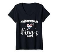 Donna King's Day Paesi Bassi Bandiera Cuore Koningsdag Amsterdam Maglietta con Collo a V