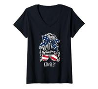 Donna Kinsley - Chignon per capelli disordinato, con motivo occhiali da sole Maglietta con Collo a V