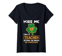 Donna Kiss Me I'm A Teacher with Shamrock St Patrick's Day Maglietta con Collo a V
