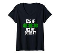 Donna Kiss Me Its My Birthday Funny St Patricks Day Marzo Compleanno Maglietta con Collo a V