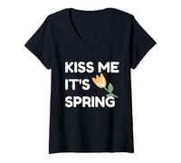 Donna Kiss Me It's Spring Fun a Forma di Tulipano Arancione Maglietta con Collo a V
