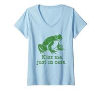 Donna Kiss Me Just in Case Funny Frog Maglietta con Collo a V