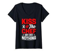 Donna Kiss The Chef Or Eat Nothing - Capocuoca & Capocuoco Maglietta con Collo a V