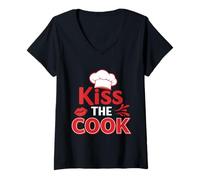 Donna Kiss The Cook, Divertente Design da Cuoco Maglietta con Collo a V