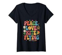 Donna Kite Flyer 60s 70s Hippie Retro Peace Love Aquilone volante Maglietta con Collo a V