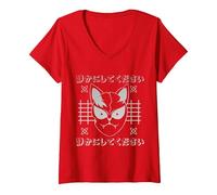 Donna Kitsune, Anime Giappone Stile Kawaii Maglietta con Collo a V, Rosso, M