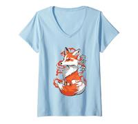Donna Kitsune Fox - Manga Giapponese Kanji Spirit Animal Anime Maglietta con Collo a V