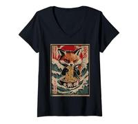 Donna Kitsune Fox Mangiare Ramen Noodles Onda Giapponese Ukiyo-e Maglietta con Collo a V