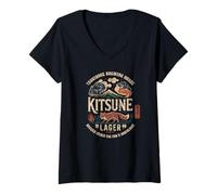 Donna Kitsune Fox Spirit Japan Lager Mt Fuji Kanji Souvenir Maglietta con Collo a V