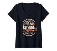 Donna Kitsune Fox Spirit Japan Lager Mt Fuji Kanji Souvenir Maglietta con Collo a V