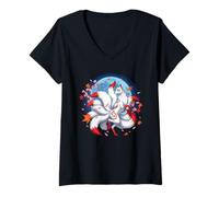 Donna Kitsune Volpe A Nove Cazze Folklore Giapponese Sakura Maglietta con Collo a V
