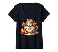 Donna Kitten Fall Coffee Mug with Autumn Leaves for Mom Cute Cat Maglietta con Collo a V