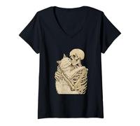 Donna Kitten Pet Skeleton Hugging Cat Graphic Halloween Maglietta con Collo a V