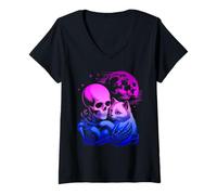 Donna Kitten Skeleton Goth Halloween Abbraccio Moon Maglietta con Collo a V