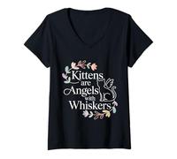 Donna Kittens Are Angels with Whiskers Fluffy Cat Pet - Maglietta con Collo a V