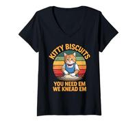 Donna Kitty Biscuits Bakery We Knead Em You Need Em Retro Cat Maglietta con Collo a V