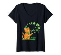 Donna Kitty Leprechaun Cat Blowing Bubbles Shamrock st Paddy Cat Maglietta con Collo a V