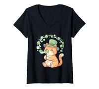 Donna Kitty Leprechaun Cat Blowing Bubbles Shamrock st Paddy Cat Maglietta con Collo a V
