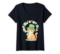 Donna Kitty Leprechaun Gatto Che soffia Bolle Trifoglio st risaia Gatto Maglietta con Collo a V