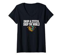 Donna Knitter Humor Drop A Stitch Drop The World Maglietta con Collo a V