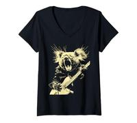 Donna Koala con Chitarra Chitarrista Rocker Animale Punk Rock Grunge Maglietta con Collo a V