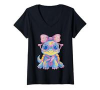 Donna Koala Occhiali Rosa Floreale Fiocco Sciarpa Corrispondente Ritratto Cool Maglietta con Collo a V