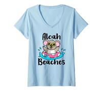 Donna Koala Vacanze Estive Spiaggia Hawaii Aloha Beaches Maglietta con Collo a V