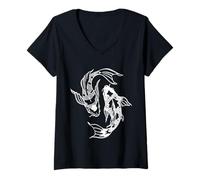Donna Koi Carp in Feng Shui Design Illustrativo Bianco Maglietta con Collo a V
