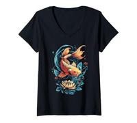 Donna Koi Fish Lotus Flower Zen tatuaggio giapponese stile Maglietta con Collo a V