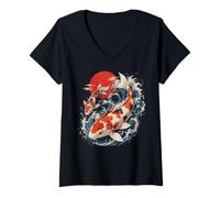 Donna Koi Fish Onda Giapponese Tramonto Zen Carp Opera d'Arte Maglietta con Collo a V