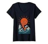 Donna Koi Fish Onda Sole Arte Giapponese Stile Fortuna Forza Maglietta con Collo a V