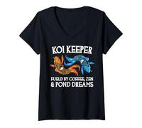 Donna Koi Keeper Alimentato da caffè Zen e Pond Dreams Maglietta con Collo a V