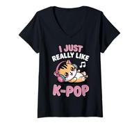 Donna KPOP Kawaii Cat Chibi Kitten Mi Piace Davvero K Pop Girl Maglietta con Collo a V