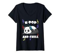 Donna KPOP Panda K Pop And Chill Musica Coreana Anime Maglietta con Collo a V
