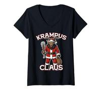 Donna Krampus Claus Funny Dark Santa Natale Europeo Folklore Maglietta con Collo a V