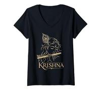 Donna Krishna Dio indù Flauto Piuma di Pavone Regalo devozionale Maglietta con Collo a V