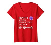 Donna La Bellezza Comincia Dentro Il Tuo Cuore Essere Te Stesso Camicia, Amore di sé Maglietta con Collo a V, Rosso, L