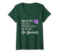 Donna La Bellezza Comincia Dentro Il Tuo Cuore Essere Te Stesso Camicia, Amore di sé Maglietta con Collo a V, Verde Foresta, XXL