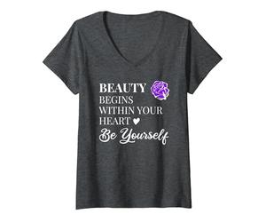 Donna La Bellezza Comincia Dentro Il Tuo Cuore Essere Te Stesso Camicia, Amore di sé Maglietta con Collo a V, Grigio Scuro, XXL