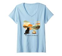 Donna La Bellezza della quiete Retro Cat & Coffee Minimalist Maglietta con Collo a V