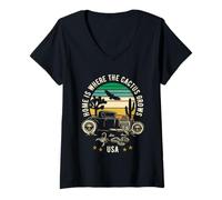 Donna La casa è dove cresce il cactus USA Hotrod Retro Style Design Maglietta con Collo a V