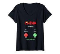 Donna La Cina Chiama e Devo Andare in Viaggio Maglietta con Collo a V